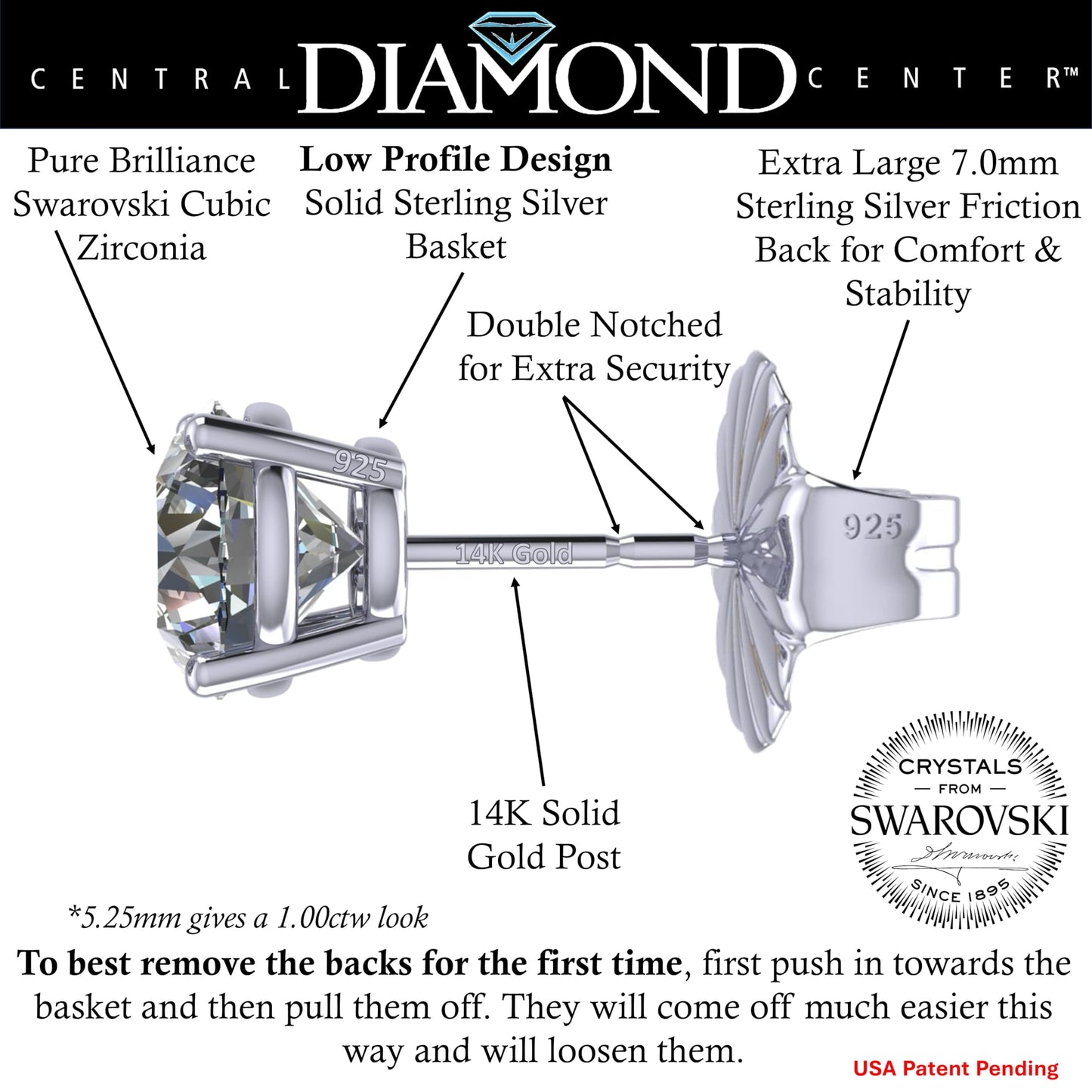 Central Diamond Center 14K Solid Gold Post & Sterling Silver Made with Swarovski 4 Prong CZ Stud Earrings - Platinum Plated - 5.25mm - 1.00cttw