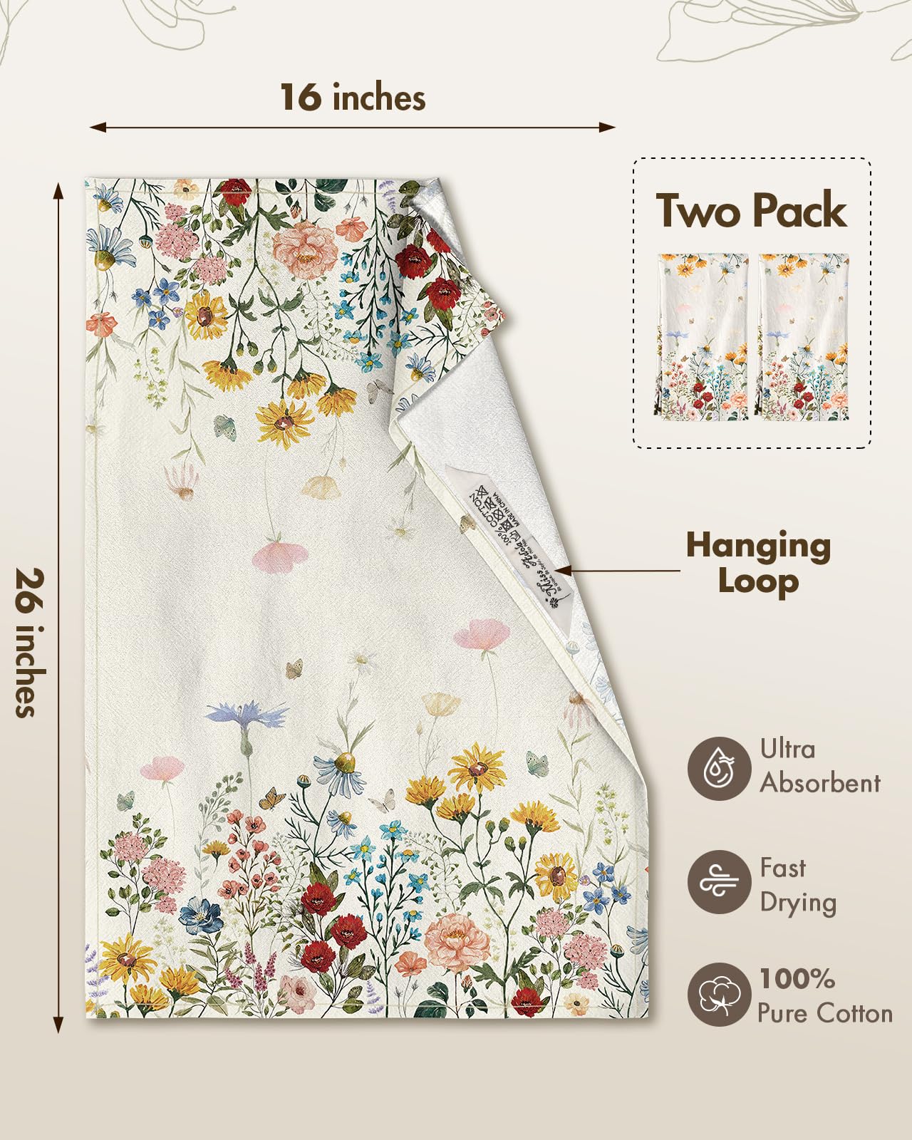 Miss Adola Flour Sack Kitchen Towels - Set of 2 Cotton Dish Towels with Hanging Loop Decorative 18x26 Inch Absorbent Cute Design for Housewarming Gifts, Retro Floral