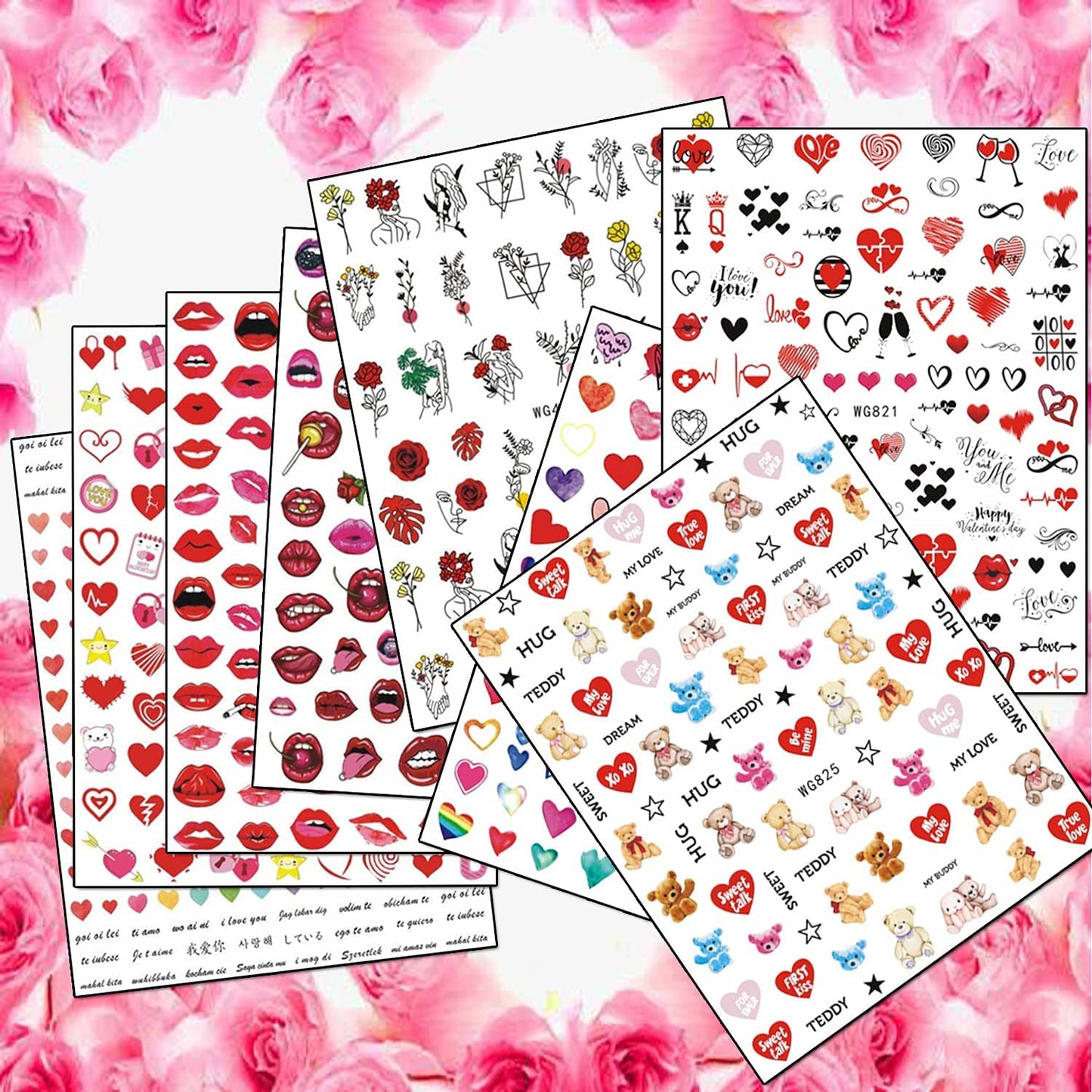 8 Sheets Love Heart Nail Art Stickers with 18 Sheets Colorful Nail Art Stickers