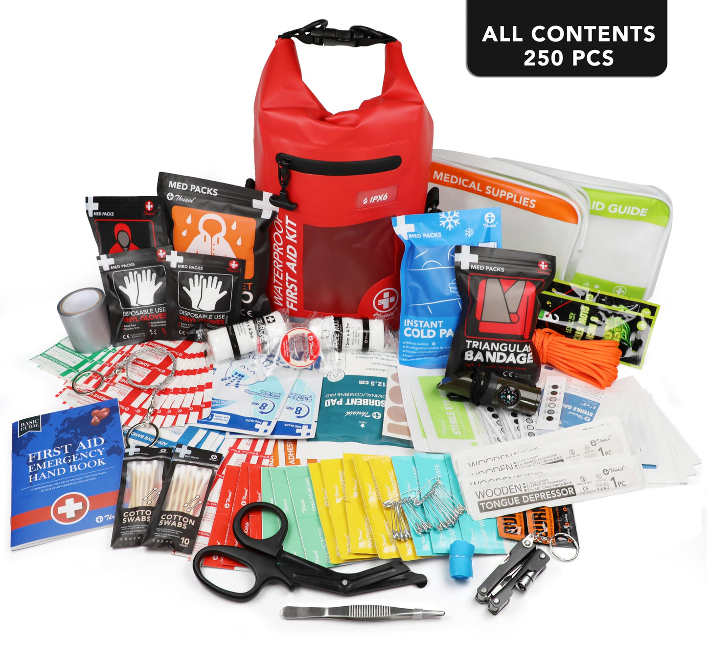 250 PCS Waterproof First Aid Kit, Roll Top Reflective Boat Dry Bag Bug Out Bags, Emergency Medical Kit Ideal for Boating, Camping, Fishing, Kayaking, Floating, Red