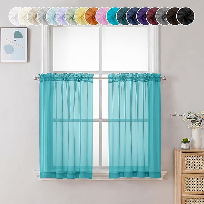 Chyhomenyc Sheer Turquoise Tier Curtains 24 Inch Length, Small Window Curtains Treatment for Bathroom Living Room Basement, Short Rod Pocket Cafe Curtain, 42W x 24L Inches, 2 Panels