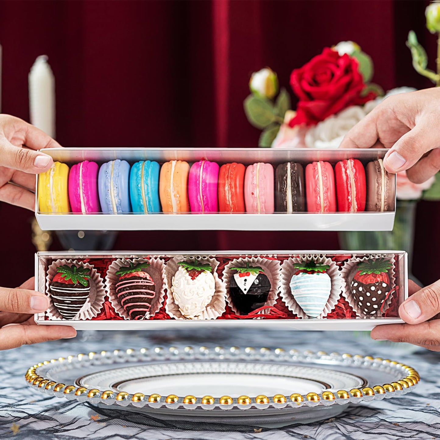24pcs 12x2.2x2 Inch Minimalist Rectangular Bakery Boxes for Chocolate Covered Strawberries ,Macaron, Truffle,Cocoa Bombs ,Cookies,Chocolate Covered Oreos,Mini Cupcakes,Cake Balls &Party Favorite Boxes