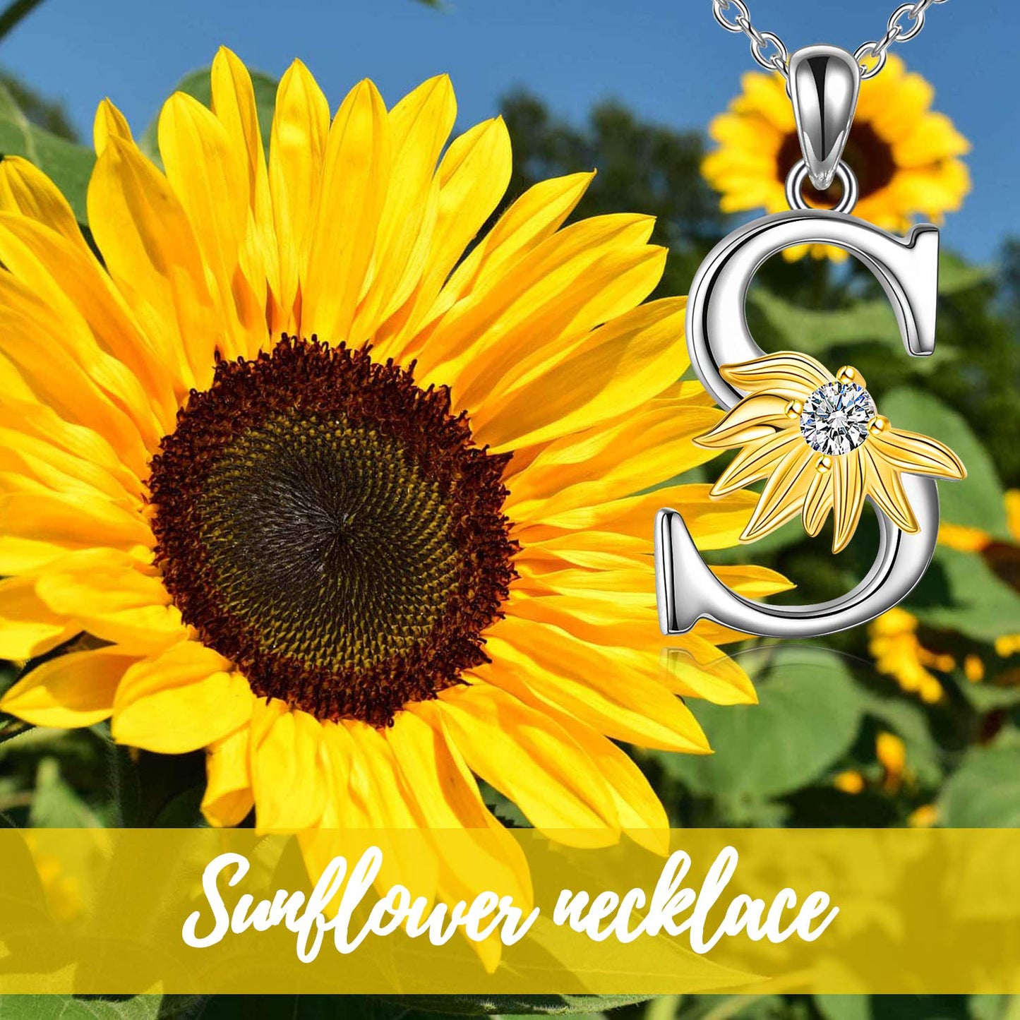 POPLYKE Sterling Silver Initial Alphabet Letter S Script Name Pendant Chain Necklace for Women for (Sunflower S)