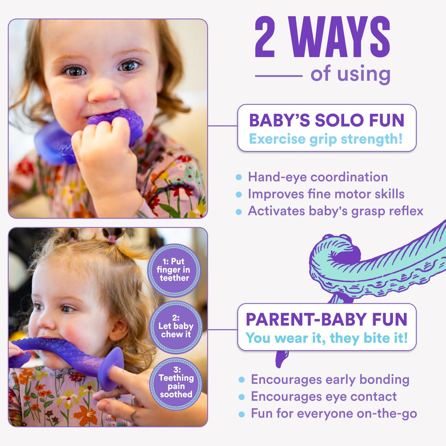 Tentacle Teether – Made in USA Medical Grade Silicone Teether for Infants – Multi-Stage Molar Relief & Interactive Parent-Finger Fit – 0-24 Months