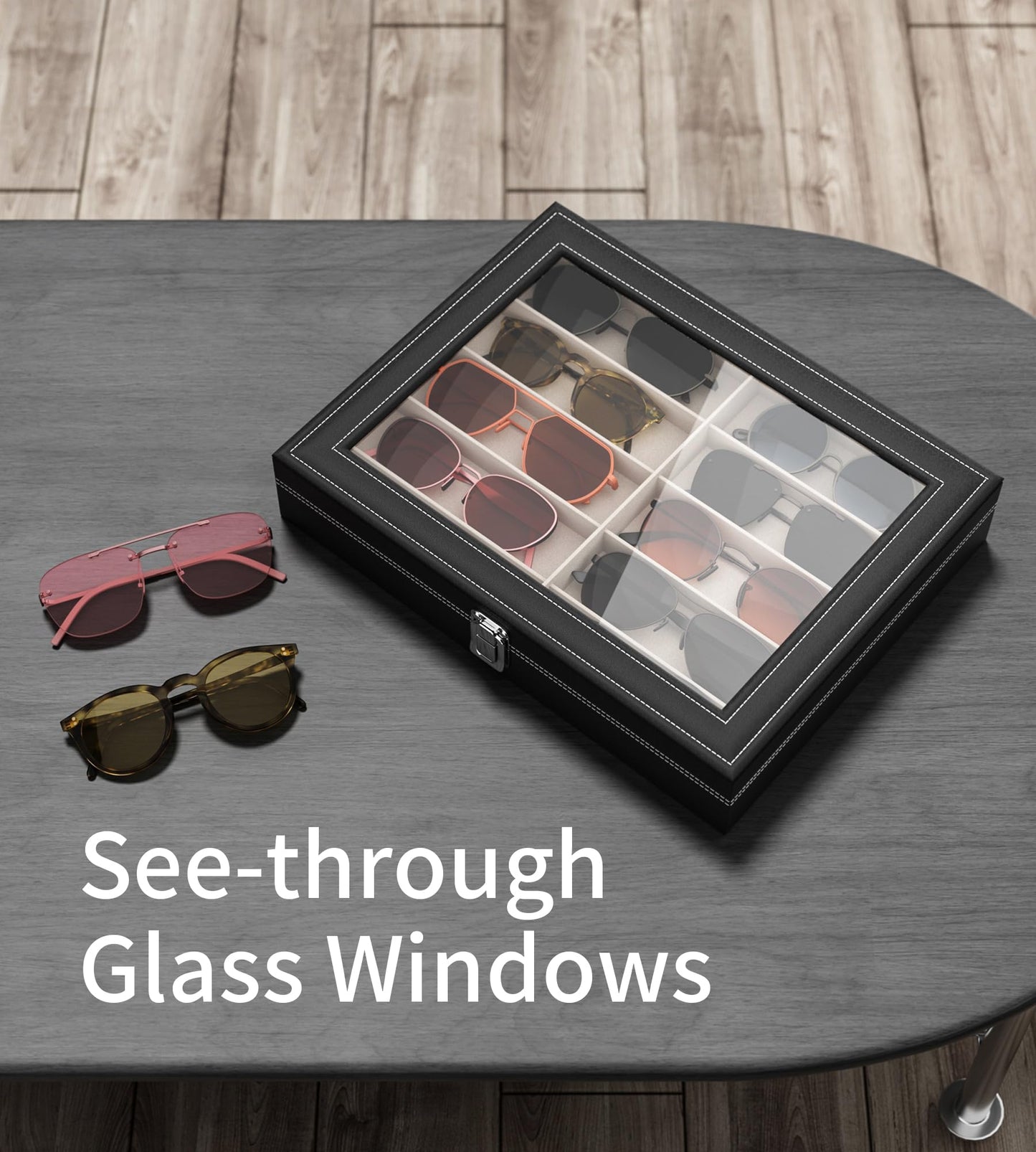 NEWLOOP Sunglass Organizer for Women Men - Multiple Pair of Sunglasses Storage Box Eye Glass Watch Leather Display Case with 10 Slots Black