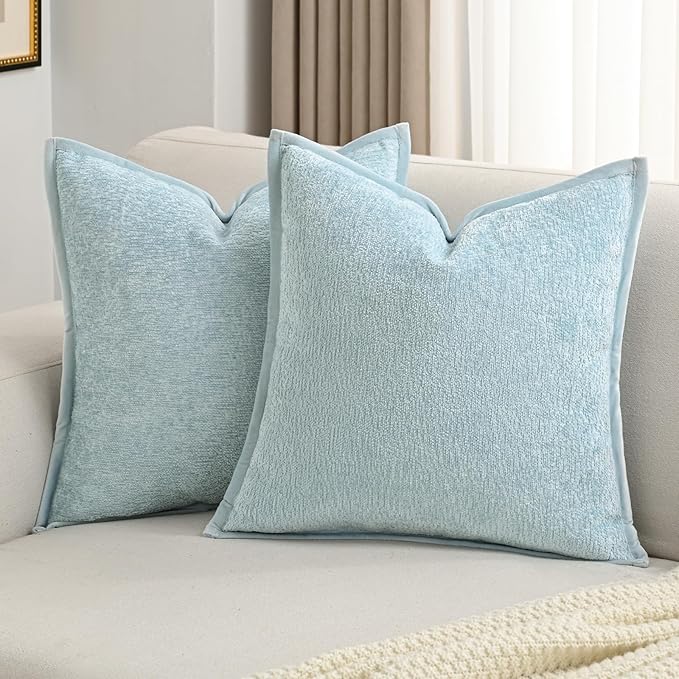 FUTEI Light Blue Chenille Throw Pillow Covers 24x24 Inch Set of 2,Soft Cozy Bound Edge Design European Cushion Cover,Home Decor for Couch Bed Living Room