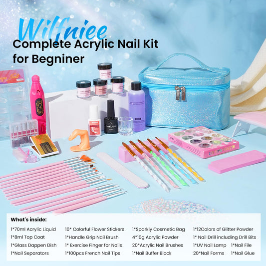 Nail Kit for Beginners with Everything: Acrylic Nail Set Professional Drill Powder Liquid Starter Kits with U V Lamp in Cosmetic Gift Bag for Women Salon Home(Blue)