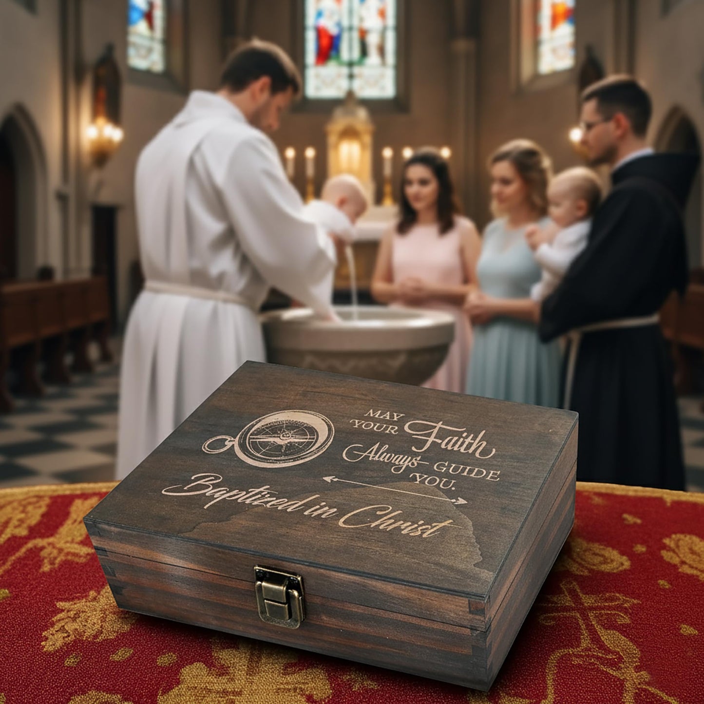 Engraved Baptism Memory Box – Wooden Keepsake Box for Christening Gifts, Baby Dedication, or First Communion – Medium Size – Dark Walnut Finish – 8.5 x 6 x 3 in