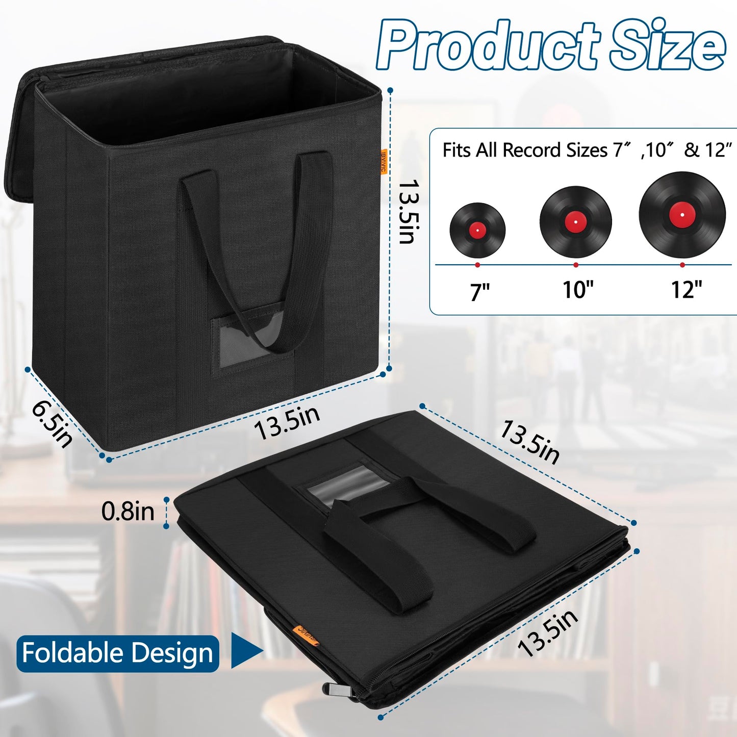 IBVIVIC Vinyl Record Storage Box with Lids and Handle Vinyl Album Storage Case Bag for 7/10/12 inch LP, Collapsible Crate Holds up 50+ Single Record (Black)