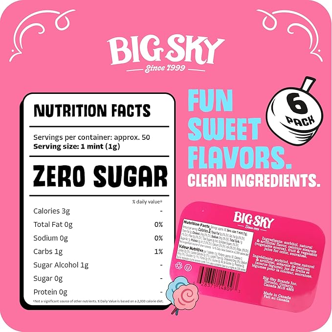 Big Sky Sugar Free Mints Cotton Candy | Sugarfree, No Artificial Colors or Flavors | Kosher Certified, Vegan, Gluten Free | Aspartame & Xylitol Free | 50 Count Tin (Pack of 6)