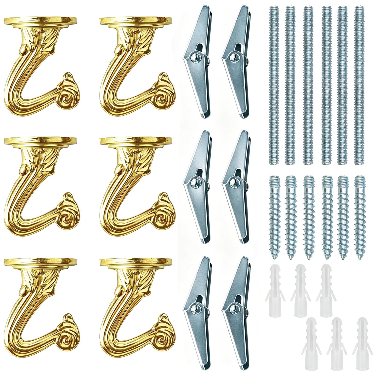RiseDirectly 6-Pack Heavy Duty Gold Ceiling Hooks for Hanging Plants, Swag Hooks with Hardware for Chandeliers, Indoor Plant Hangers & Lightweight Decor