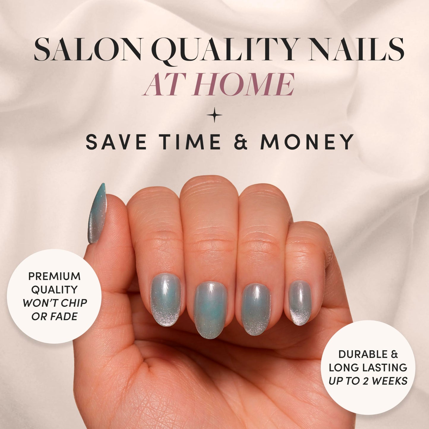 Glamnetic Press-On Nails Bundle - Mint Green, Midnight Blue & Unicorn Tears | Pastel Green Oval Fake Nails | Navy Blue Almond False Nails | Short Oval, Misty-Grey Nails with Metallic Finis