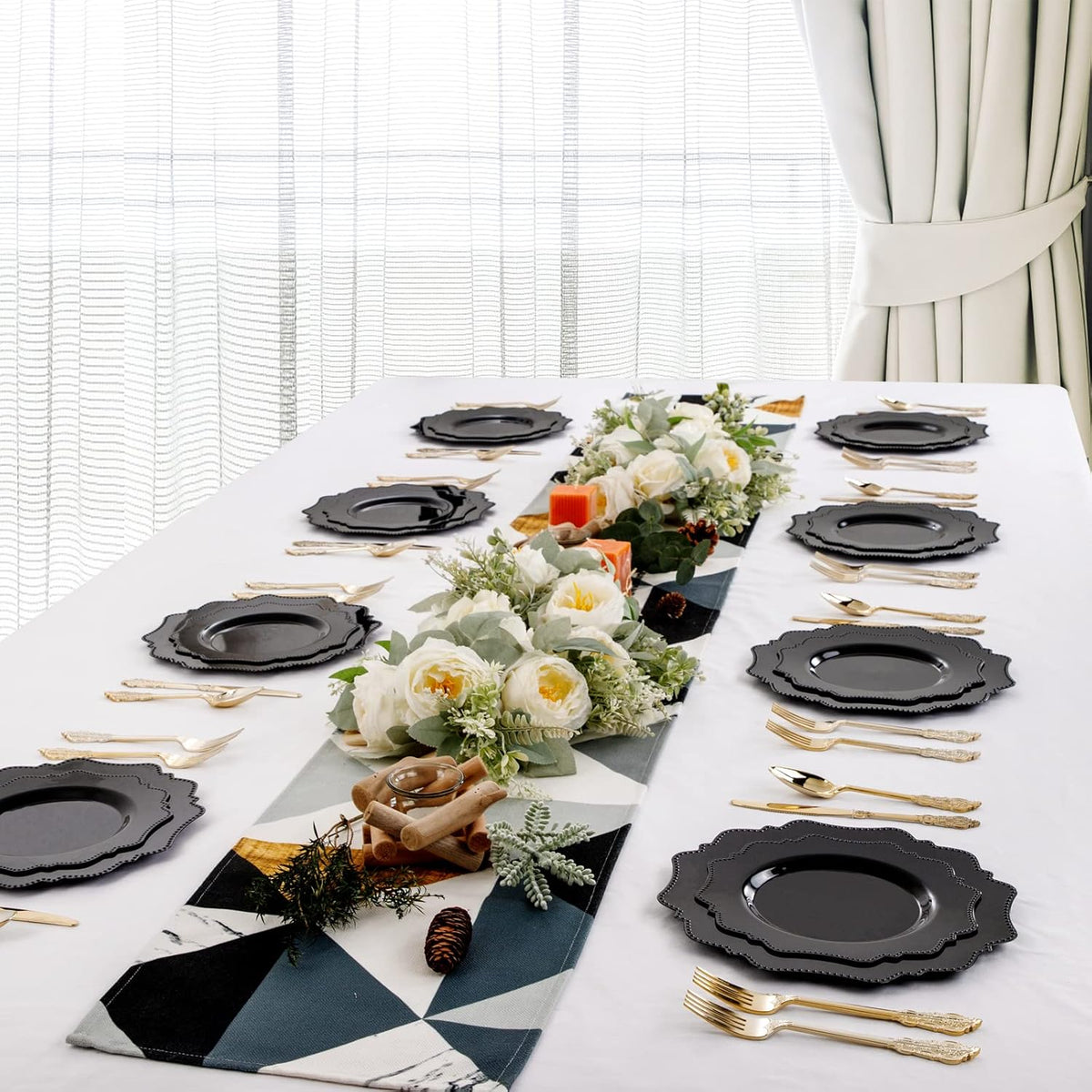 COLOSUS 100pcs Black Plastic Plates - Heavy Duty Black Plastic Plates Disposable for Party/wedding Include 50pcs Dinner Plates and 50pcs Dessert Plates.