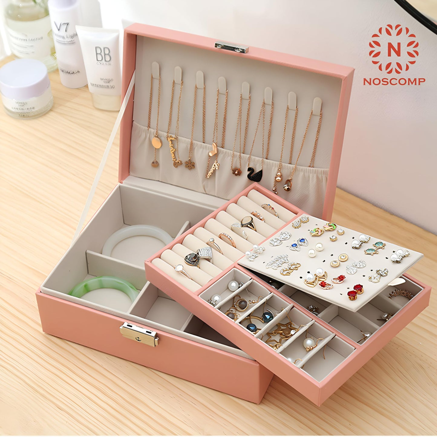 NOSCOMP Faux Leather Organizer Box, Jewellery Organiser, Storage Bag For Necklace: Earrings: Rings: Bracelet, Portable Storage Box Case With Dividers (Pink)