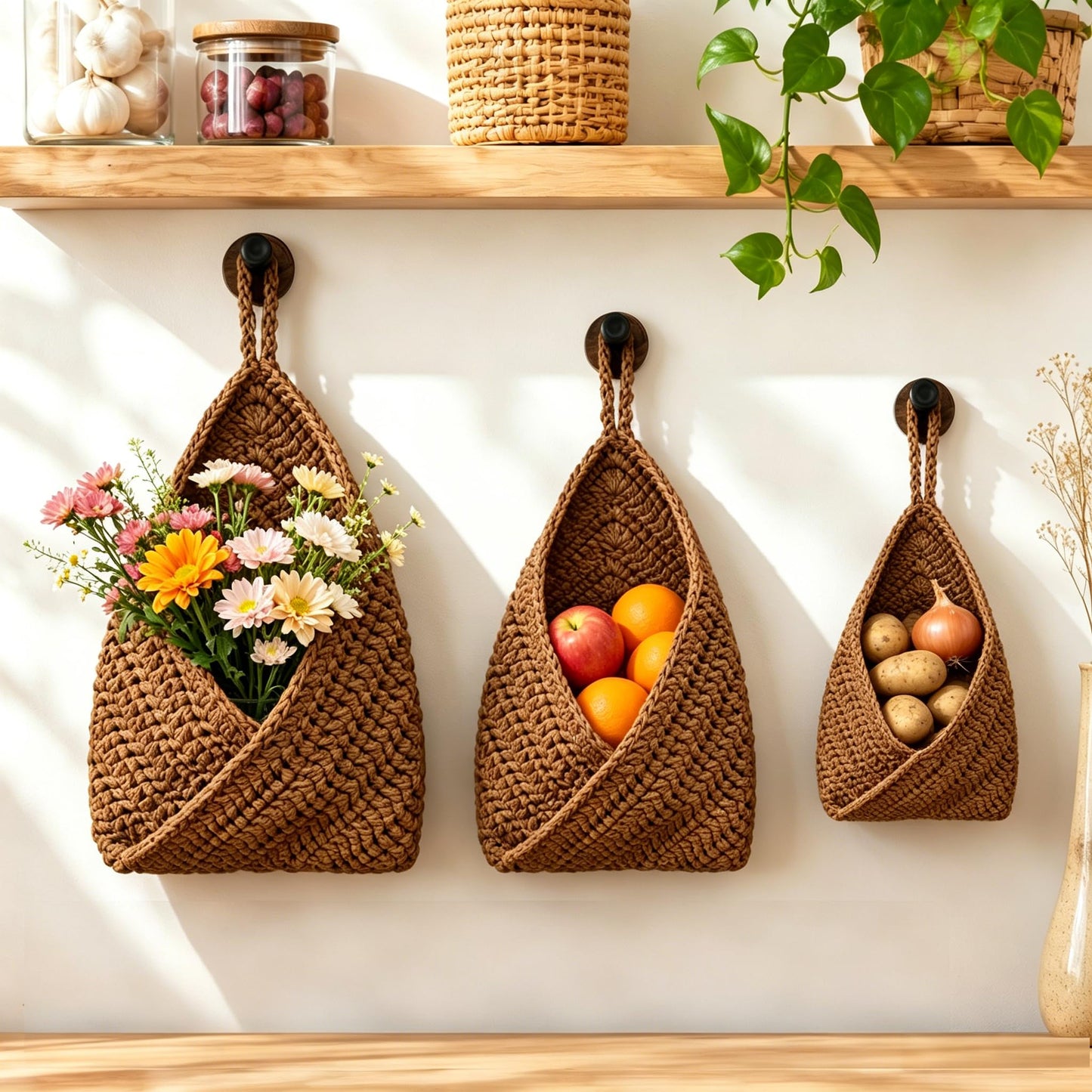 Boho Hanging Wall Baskets for Kitchen – 3 Pack Handwoven Jute Teardrop Storage Baskets with Adhesive Hooks for Fruit Onion Potato Vegetable, Farmhouse Wall Decor (Linen/Triangle/Jute, 3 Sizes)