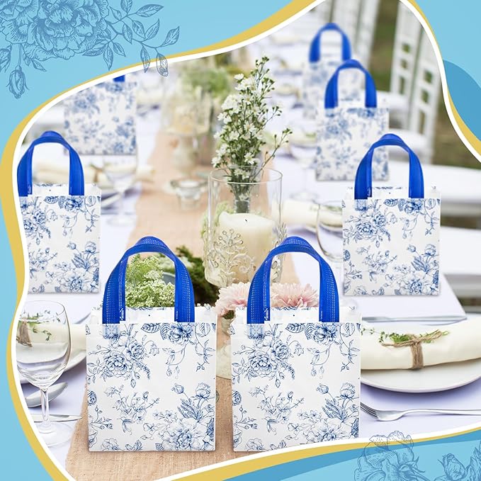 HunnmingRe 30 Pcs Blue Floral Gifts Bags Chinoiserie Wedding Welcome Bag Bulk Reusable Non Woven Tote Handbag for Bridal Baby Shower Birthday Tea Party Supplies