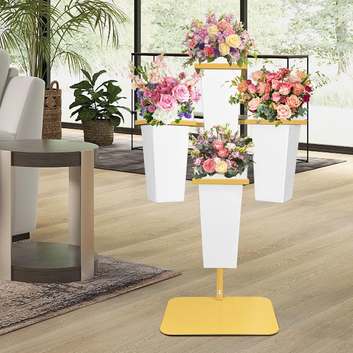 PROLEE Flower Display Stand with Buckets, Wedding Flower Cart Display Stand with Wheels,Flower Stand for Wedding Party, Events and Garden Decor (White)