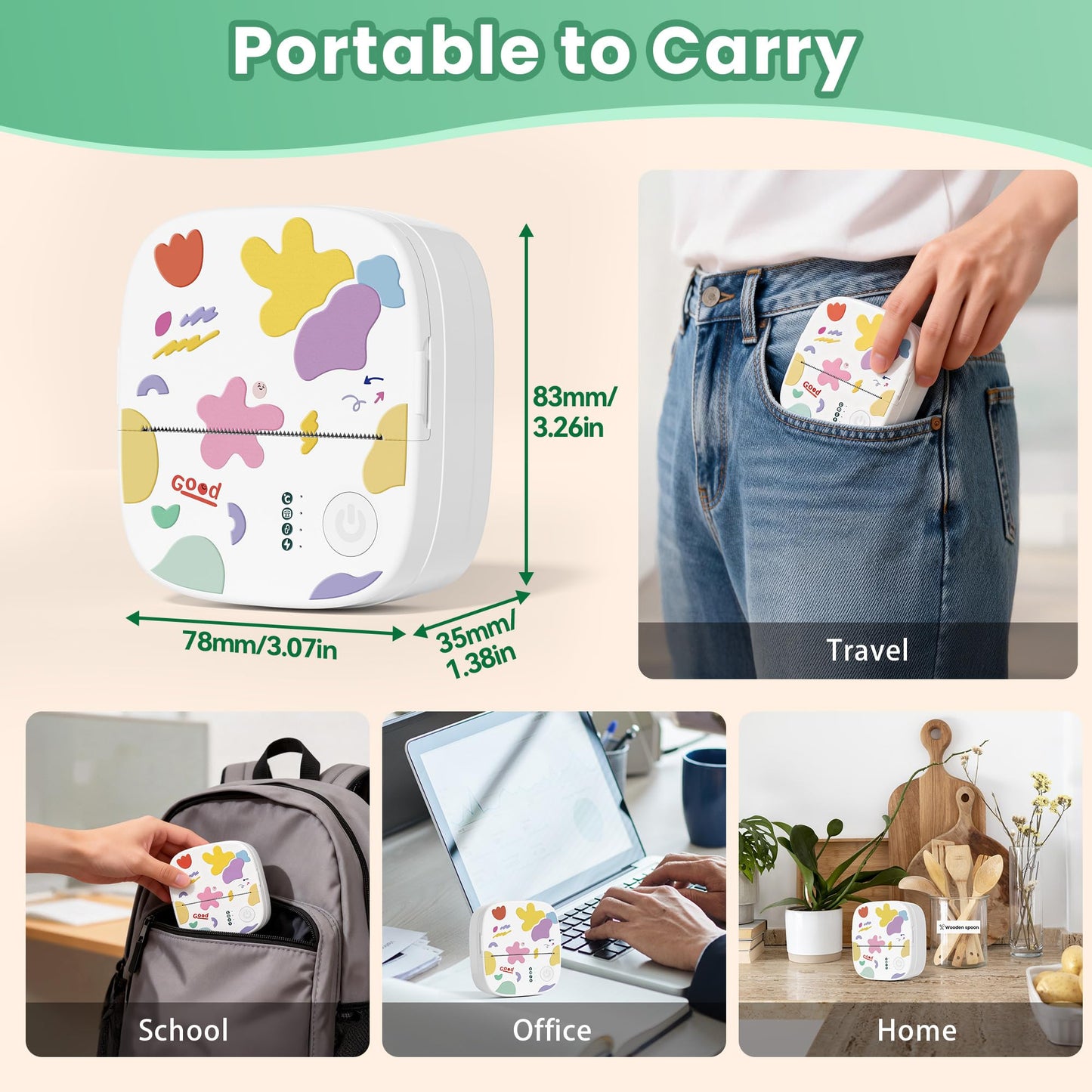 XenGro Mini Sticker Printer AHM2, Mini Thermal Printer with 3 Rolls Paper, Portable Bluetooth Inkless Printpods, Pocket Label Maker Suitable for Creative Kids DIY, Diaries, Photos, Study Notes -White
