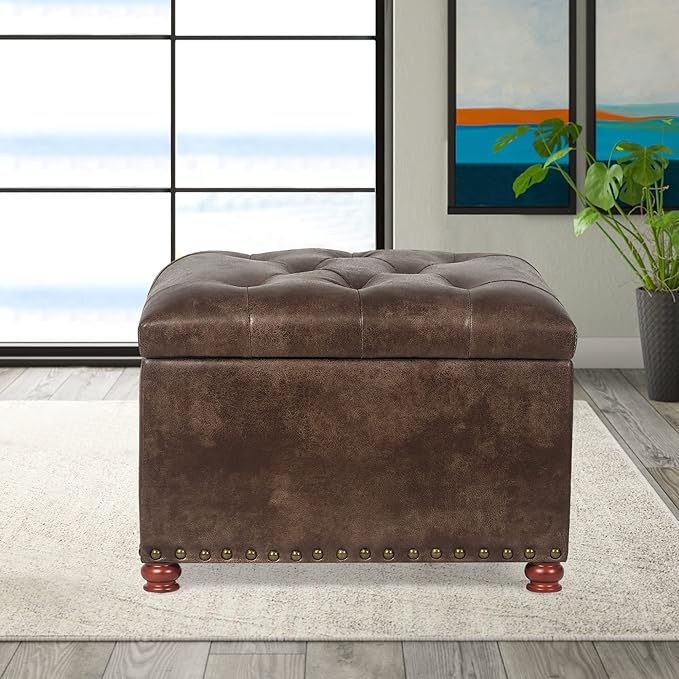 24'' Leather Ottoman with Storage Rectangle Foot Rest Ottomans Stool for Living Room(Brown,Leather Texture)