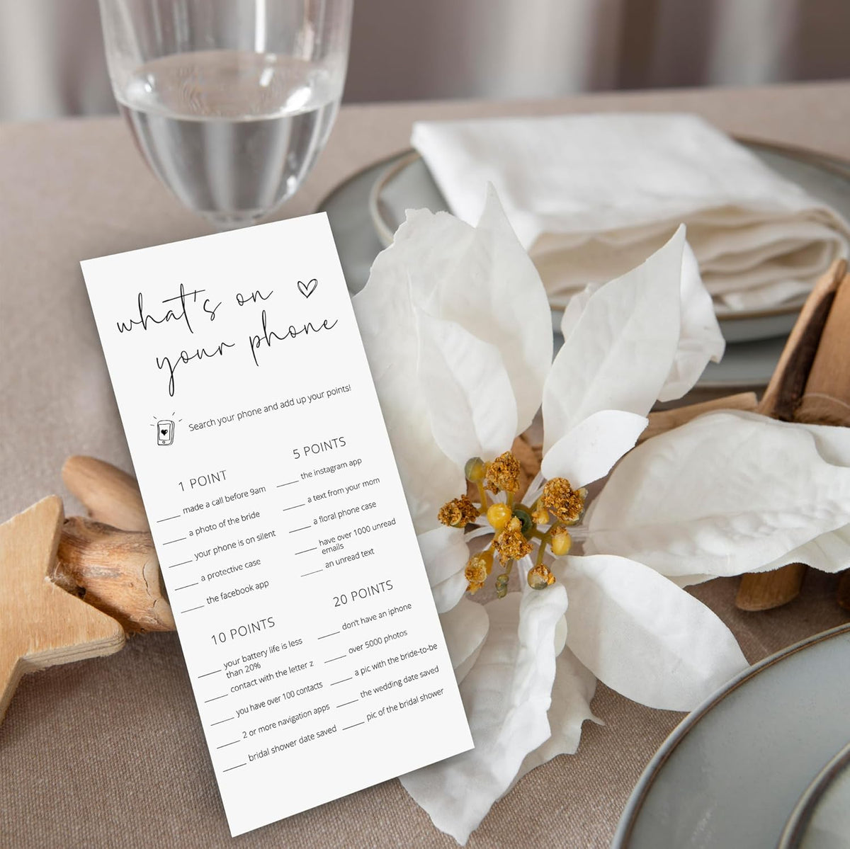 Bridal Shower Games, What's On Your Phone, 25Pcs 4x9inch Minimalist White Double-Sided Bridal Game Cards, Wedding Shower Games for Guests, Engagement Bachelorette Party Supplies - A17