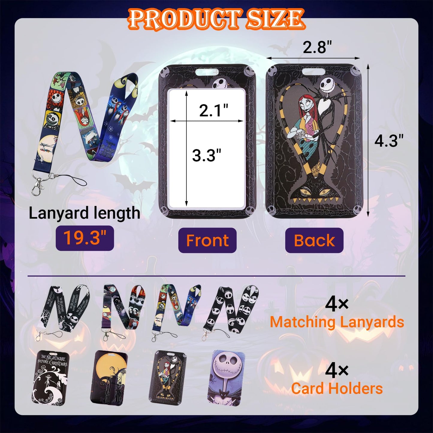 4 Pack ID Badge Holder Lanyards – Jack Sally The Nightmare Before Christmas Themed Student Card Holders for School, College & Office - Essential Campus Gear for Dorm, Dining Hall & Library Access