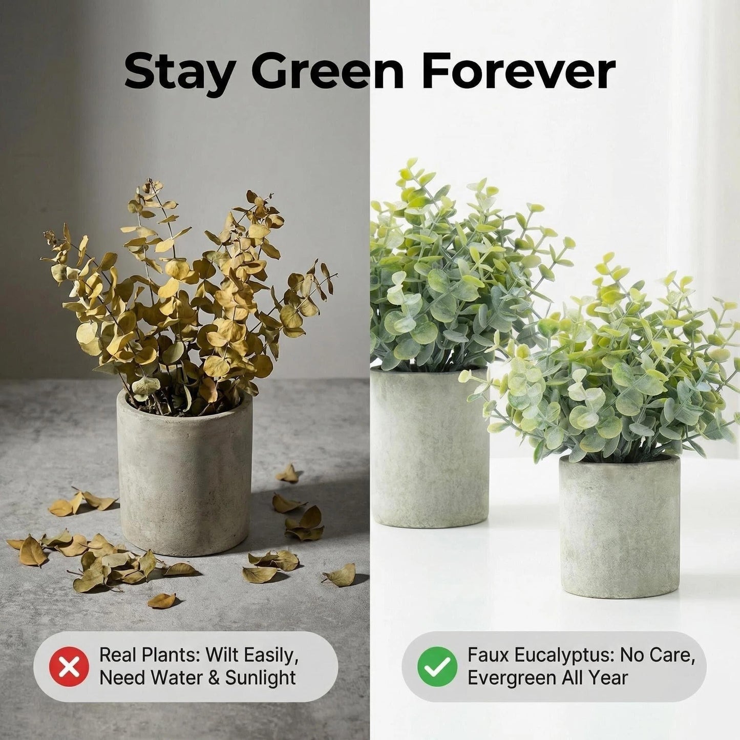 HappyFiller 2PCS Small Fake Eucalyptus Potted Artificial Plants Indoor Outdoor for Shelf,Home,Living Room, Bathroom,Kitchen,Coffee Table Decor