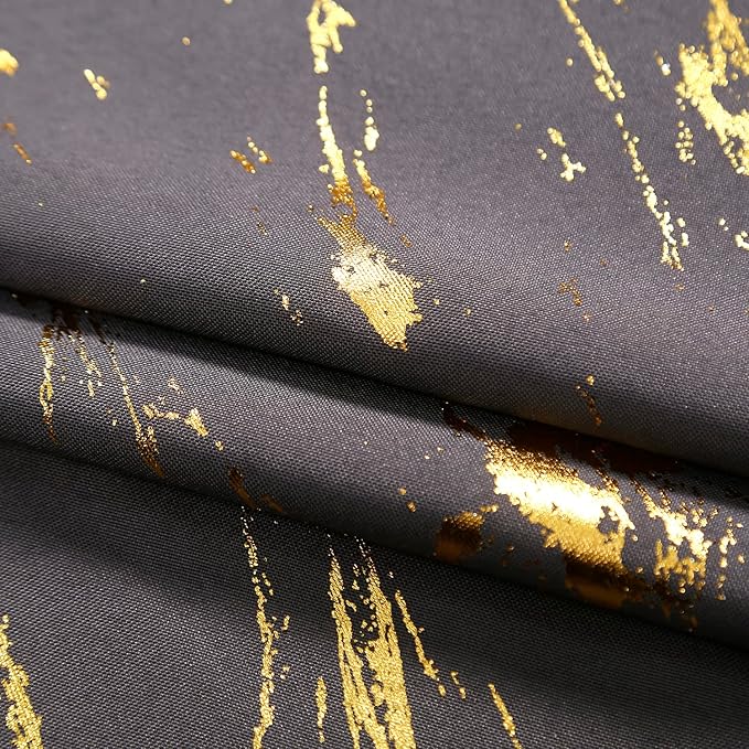 Taisier Home Gold Foil Print Linen Textured Curtains - Geometric Marble Pattern Design for Living Room - Light Filtering Window Treatment, 2 Panels, 84" L, Soft Grey and Gold