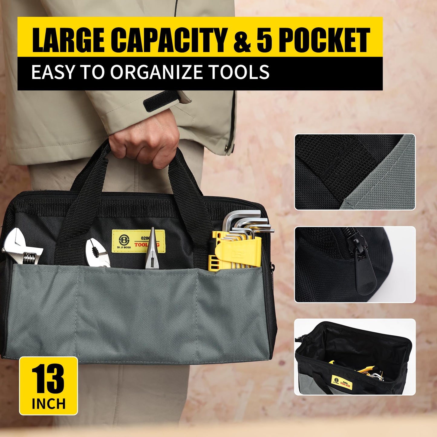 B BOSI TOOLS 142 PCS Tool Set, Home Repairing Tool Kit with 13-Inch Wide Mouth Open Storage Tool Bag, Portable Home Tool Kit Including Hammer, Screwdriver, and Household Tools