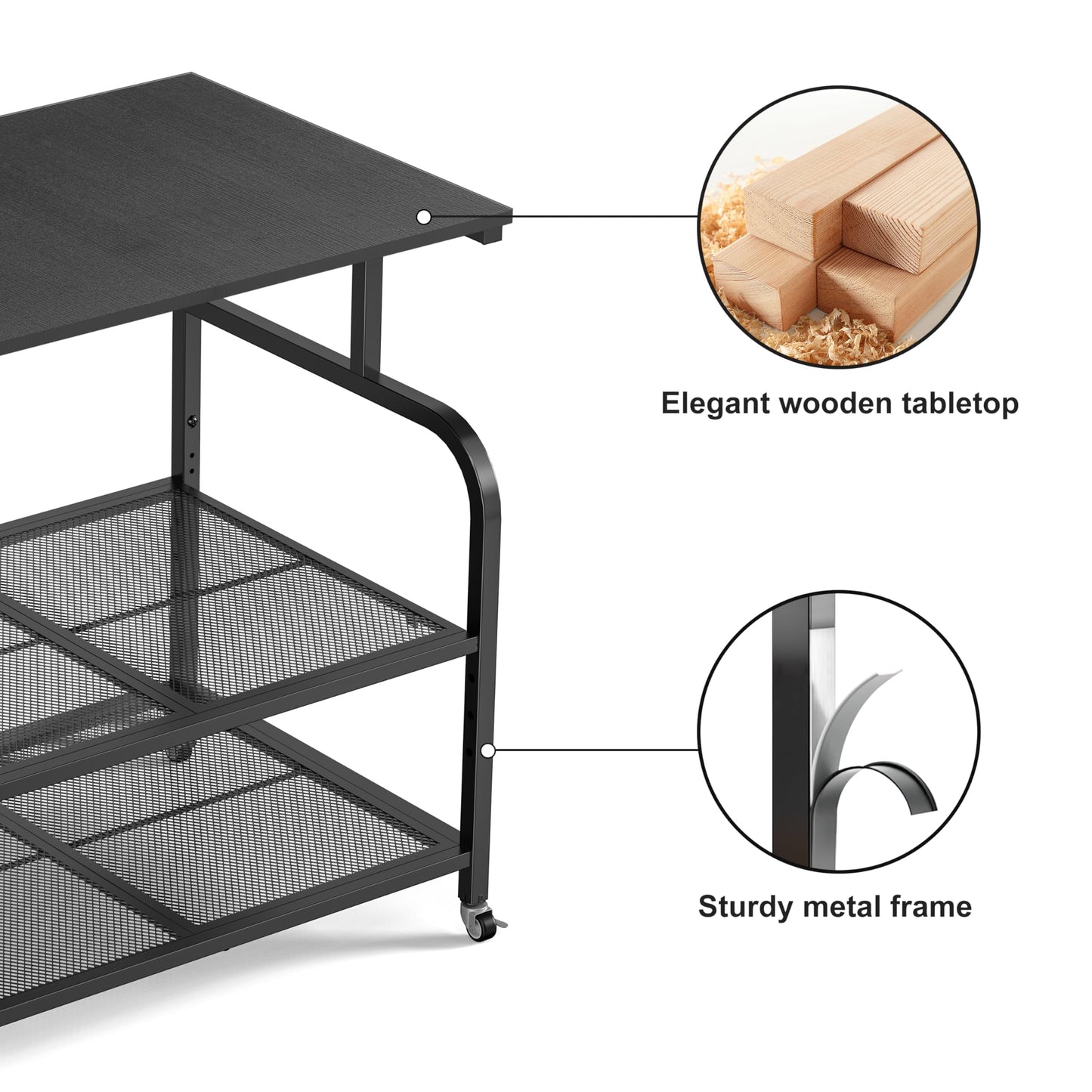 niffgaff Mobile Printer Stand with Large Desktop - 3 Tier Shelf, 24.4 Inch Height, Wooden Organizer for Home&Office, Black