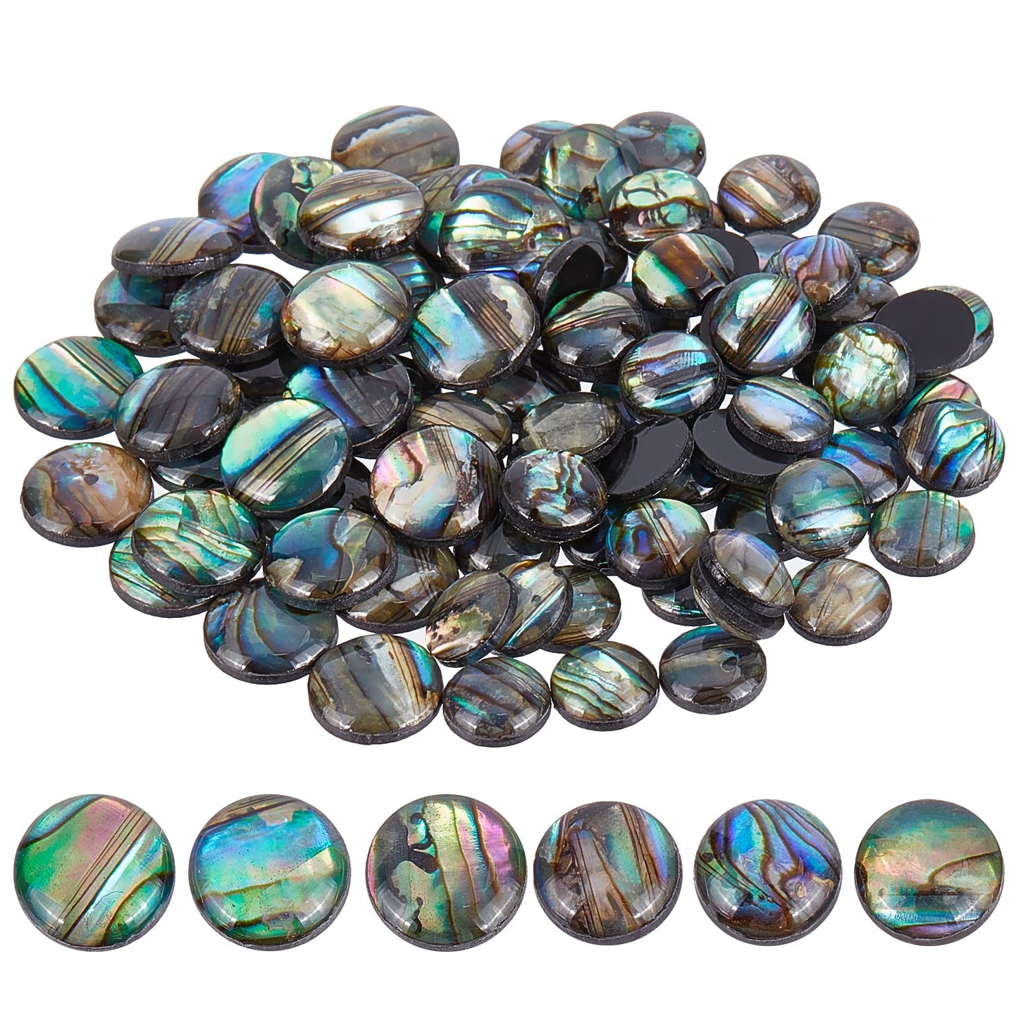 BENECREAT 90PCS Natural Abalone Shell Coin 8mm 10mm Flat Round Paua Shell Cabochons Beads with Storage Containers for Photo Frames, Clay Cups Decoration