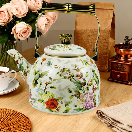 Vintage Enamel Tea Kettle, Birds Floral Pattern Stovetop Teapot with Gold Handle, 2.5L Enamel Kettle Kitchen Decor, Ideal Gift for Housewarming Camping Coffee Pot