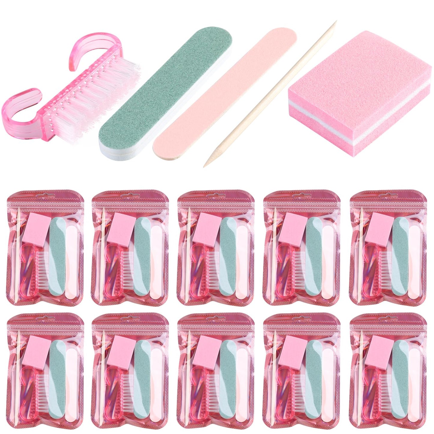 Fcozpjk Disposable Manicure Kit Basics 5PCS Nail Kit, Mini Nail Files Buffers Bulk Handle Grip Brush Orange Wood Stick Individually-Packed Pedicure Set for Fingernails Toenails Salon Supplies 10 Packs