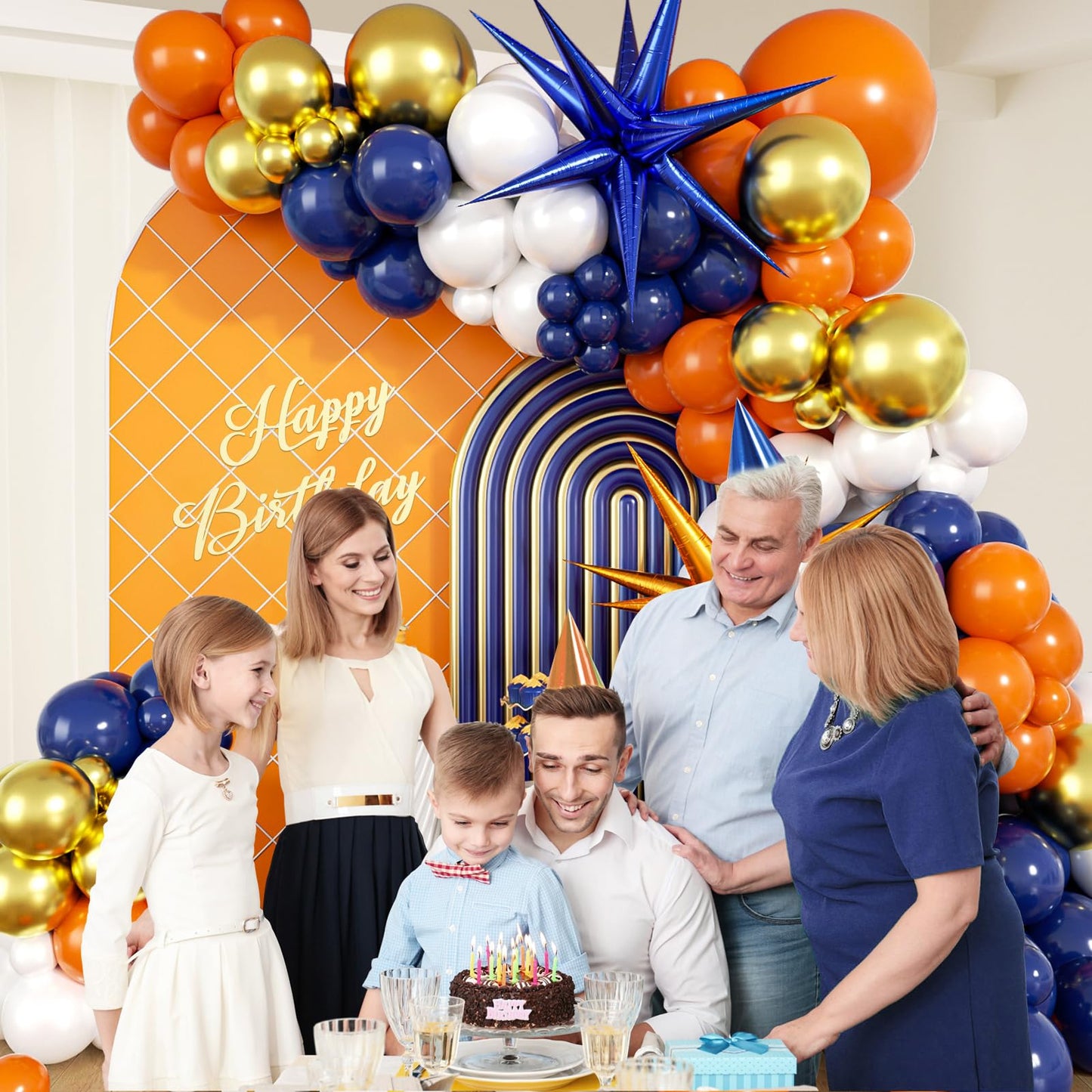 132pcs Blue and Orange Balloon Arch Garland Kit with Navy Blue Orange White Metallic Gold Balloons Foil Balloon for Birthday Party Decorations
