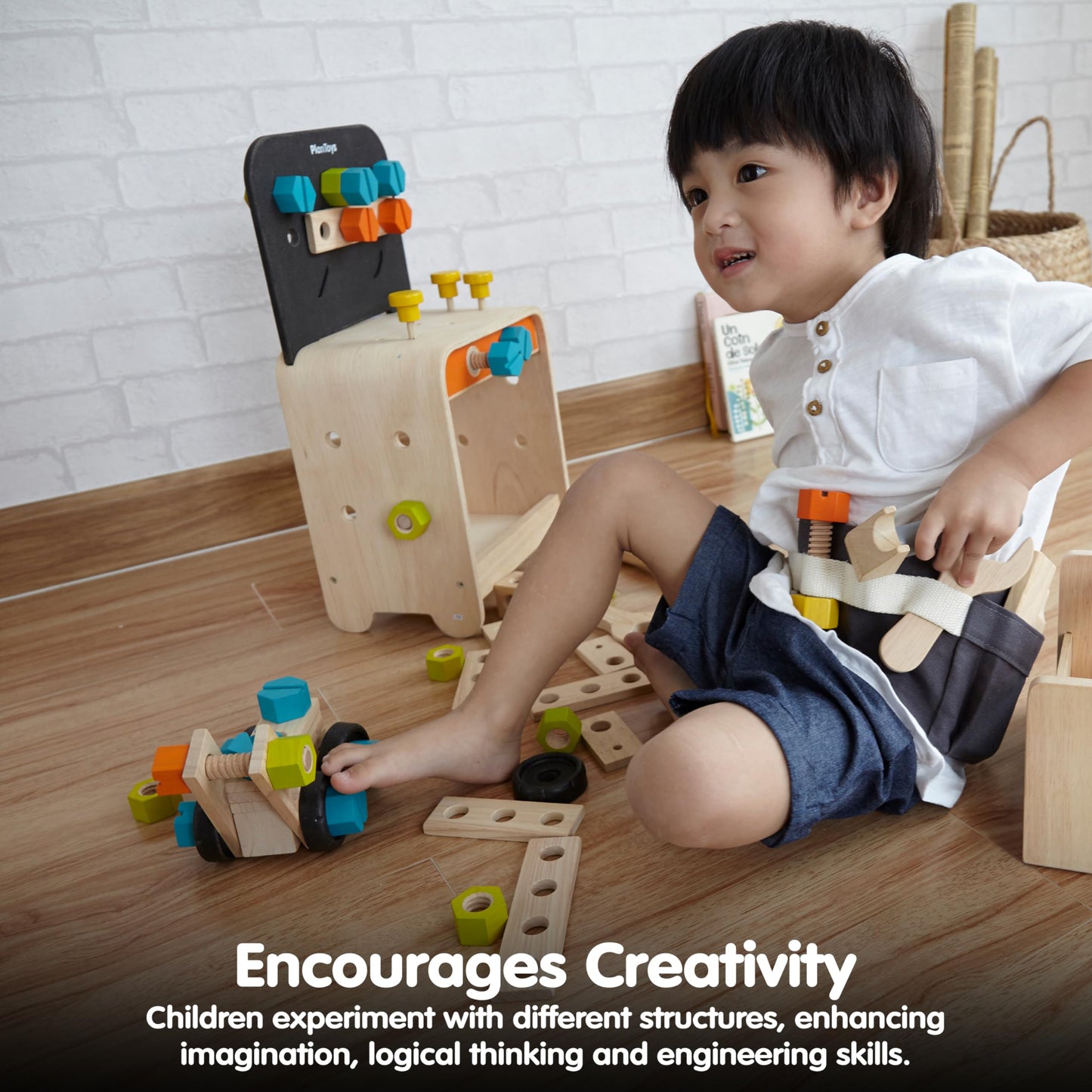 PlanToys® Construction Set Wooden Montessori Building and Engineering Toy | Fine Motor, Creativity and Early STEM Skill Development | Eco Friendly Educational Open Ended Play Kit