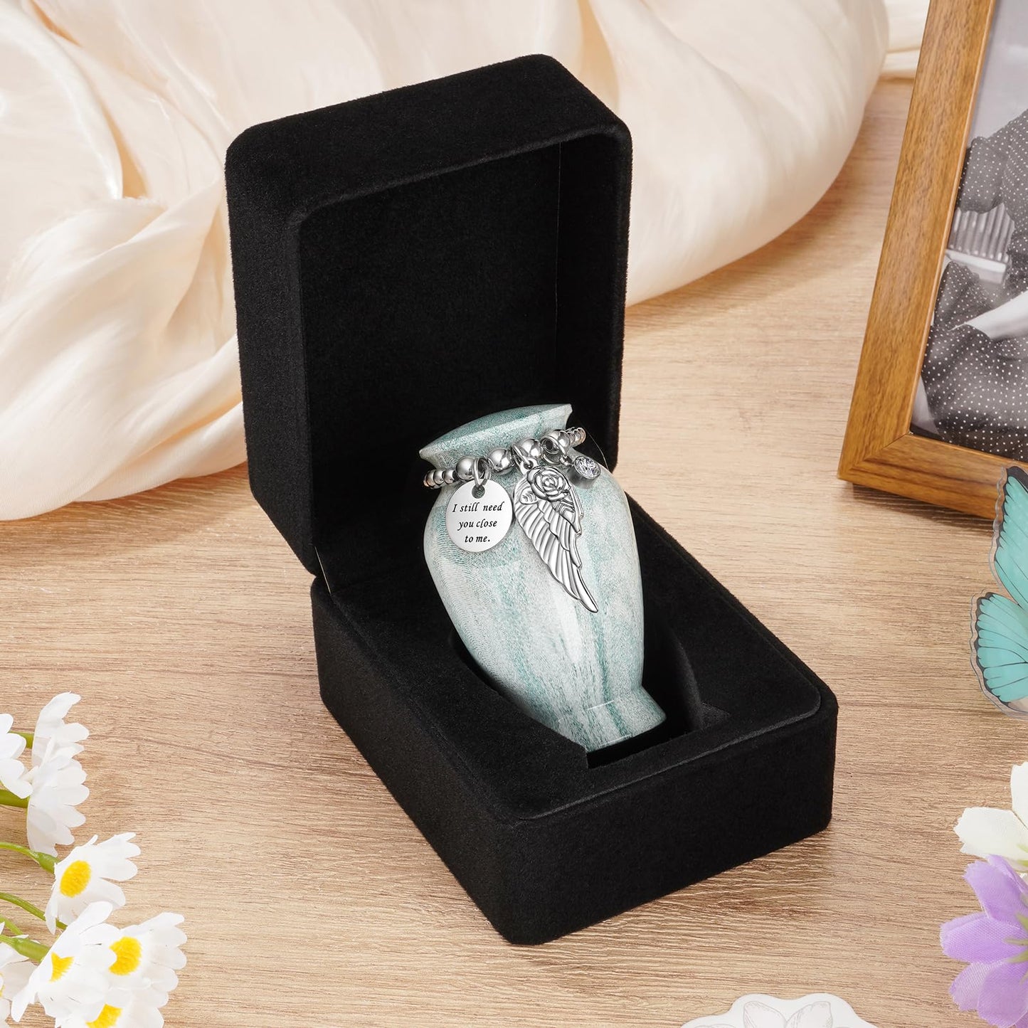 Dletay Small Urns for Human Ashes Keepsake with Box 2.85 Inch Memorial Mini Cremation Urn for Women Men Aluminum Decorative Funeral Urns Case- Lake Green