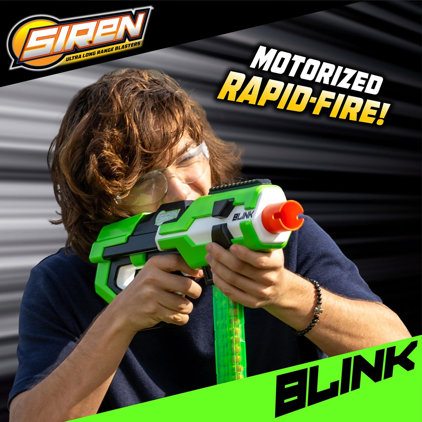 Siren Blasters Blink Motorized Rapid-Fire Ultra Long Range Foam Dart Blaster, Single Shot, Burst or Fully Auto Flywheel Launcher,190 Ft Range, 200 FPS, 20-Dart Mag, Rechargeable LiPo Battery, Ages 14+