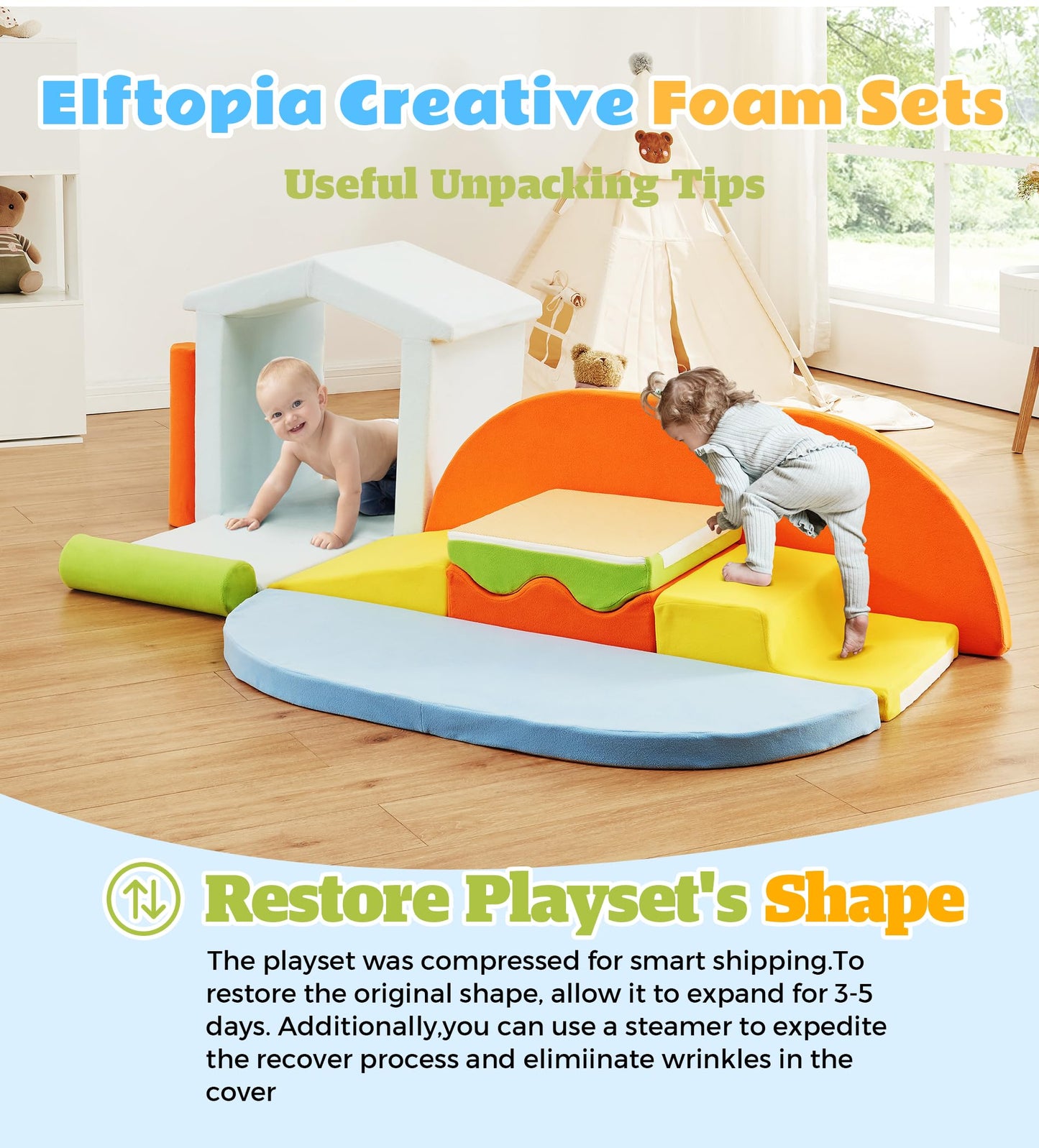 Elftopia 10-Piece Foam Climbing Blocks with Ramp & Stairs for Toddlers,Soft Play Gym Set,Foam Toddler Climbing Toys for Indoor Crawling,Sliding & Creative Play-Dynamic Color