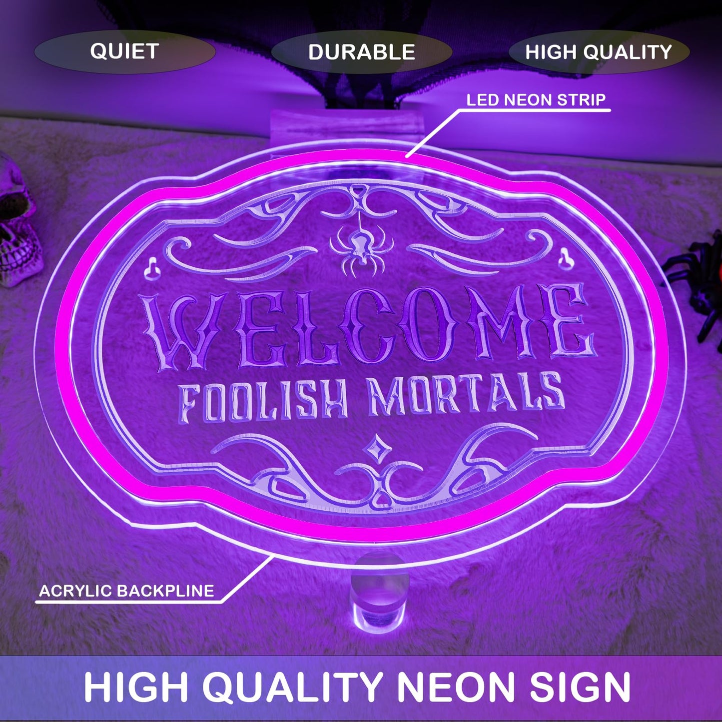 DREAMFORT Welcome Foolish Mortals Neon Sign - Haunted Mansion LED Wall Decor for Christmas, Horror Parties & Themed Bars, USB-Powered with Adjustable Brightness, Spooky Flicker Effect