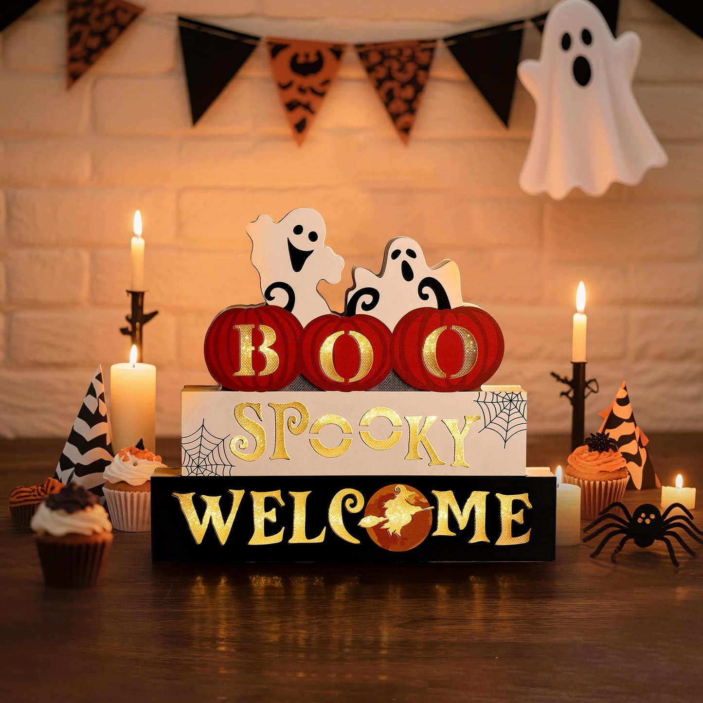 WBao Halloween Decorations Indoor 9.4inch Premium Wooden Block Set with Glowing 3D Letters, Timer, Battery Powered Rustic Farmhouse Centerpiece for Home, Table, Mantel, Shelf Halloween Party Decor