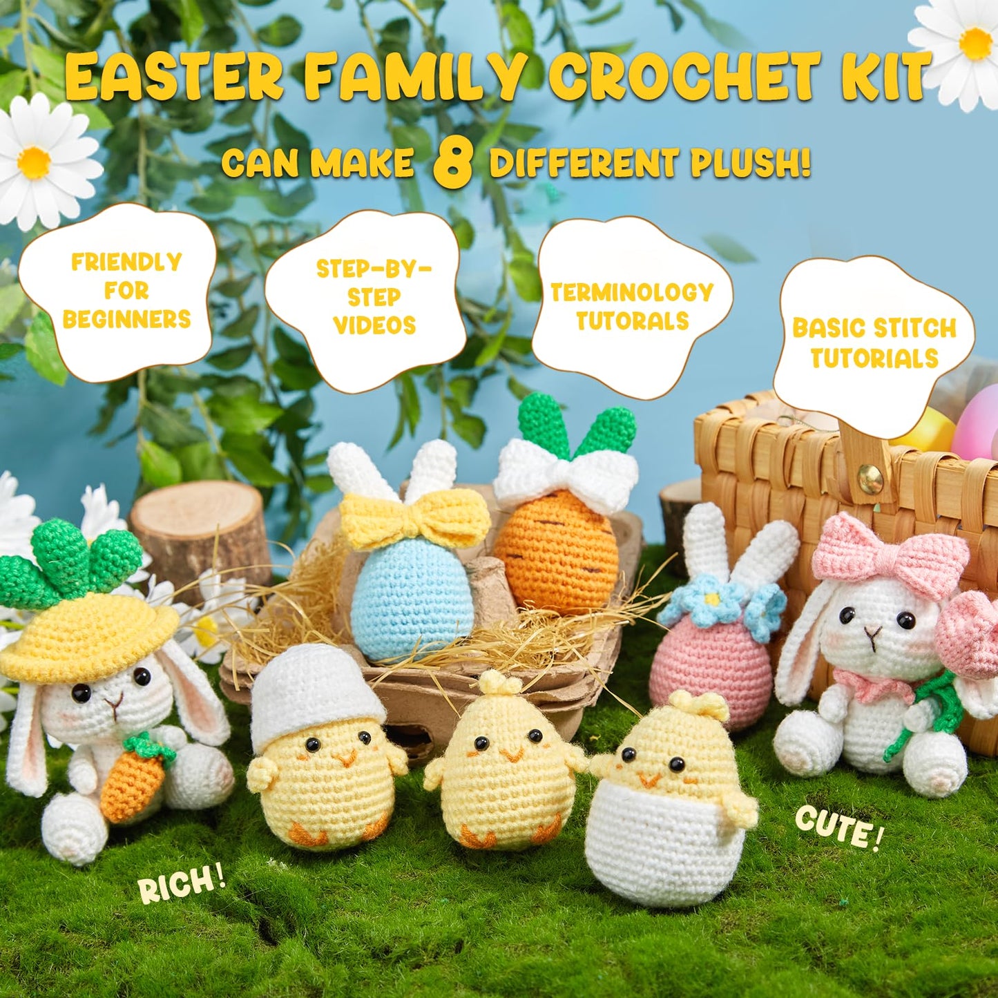 MAGIMUSE Crochet Kit for Beginners, Crochet Starter Kits for Adults Amigurumi Craft Knitting Crochet Animals Kits w Step-by-Step Video Tutorials, Easter Bunny/Chick/Eggs(40%+ Yarn)