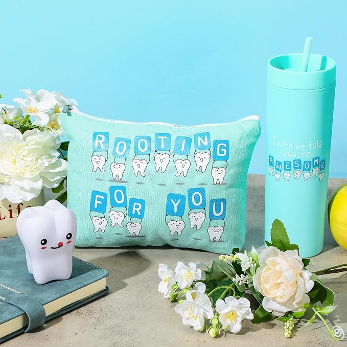 Skylety 3 Pcs Dental Hygiene Month Gifts Dental Assistant Hygienist Appreciation Gift 16oz Tumbler with Lid Cute Teeth Makeup Bag Stress Toy Employee Thank You Dentist Coworker Nurse Student(Green)