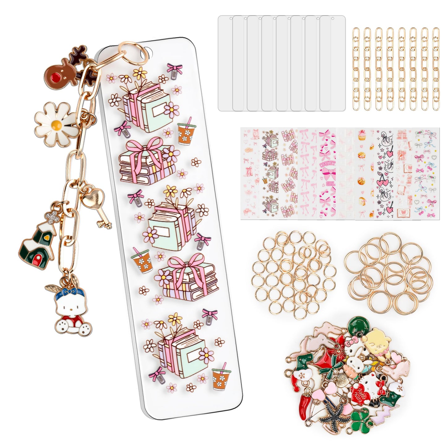106 Pcs Bow Acrylic Bookmark Blanks(2mm) Thicken 8 DIY Bookmark Making 10 Bow UV DTF Sticker 20 Charms 8 Extender Chains and 60 Jump Ring Suitable for DIY Crafts Gifts
