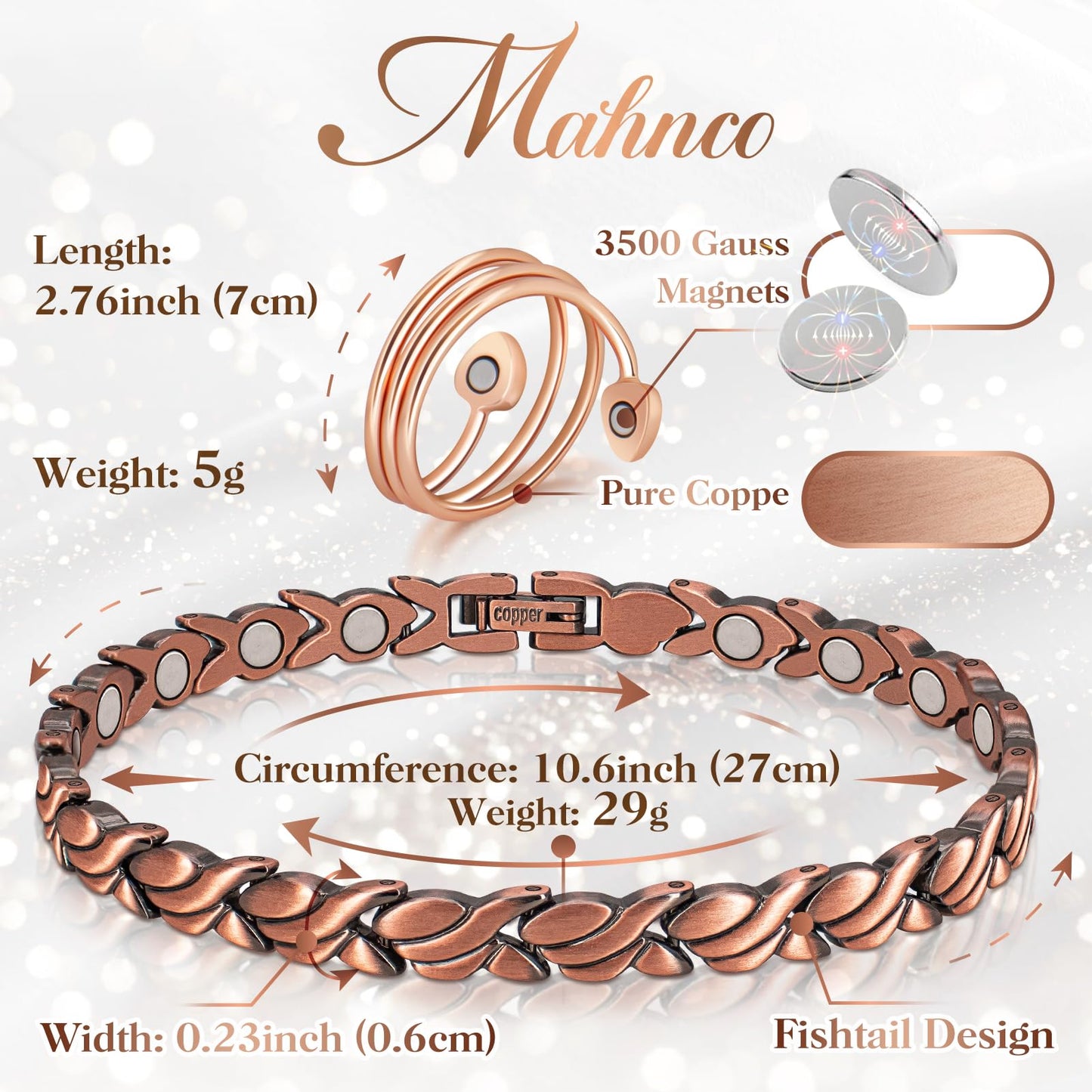Copper Anklet for Women Magnetic Copper Ankle & Lymphatic Drainage Ring with 3500 Gauss Magnets 100% Solid Pure Copper Jewelry Gift with Adjustment Tool (Fishtail）