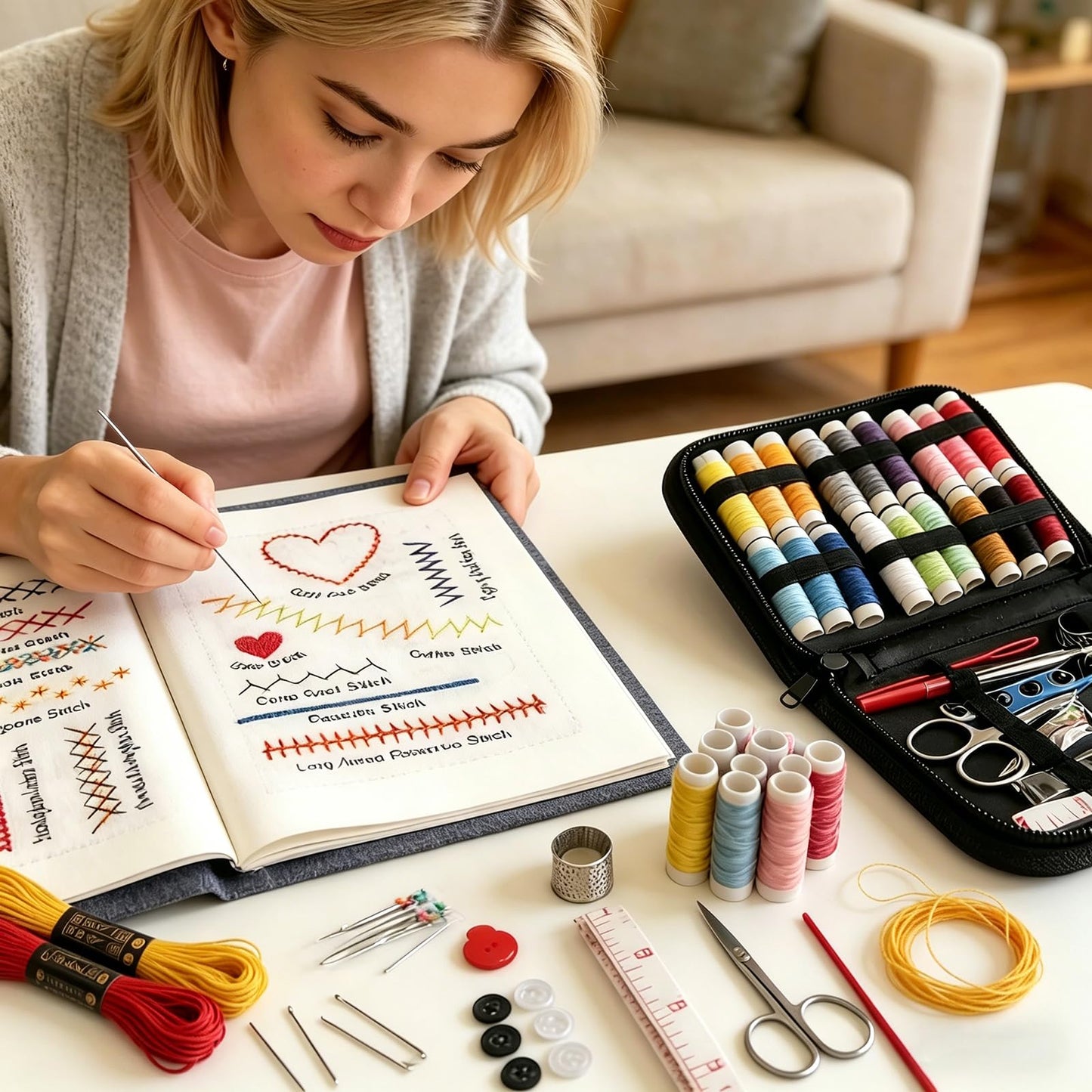 ZFBDMC Embroidery Stitch Book, 2026 Upgraded Portable DIY Embroidery Kit for Beginners with Linen, 99-Piece Complete Needle & Thread Set, Step-by-Step Video Instructions, Craft Gift for Adults