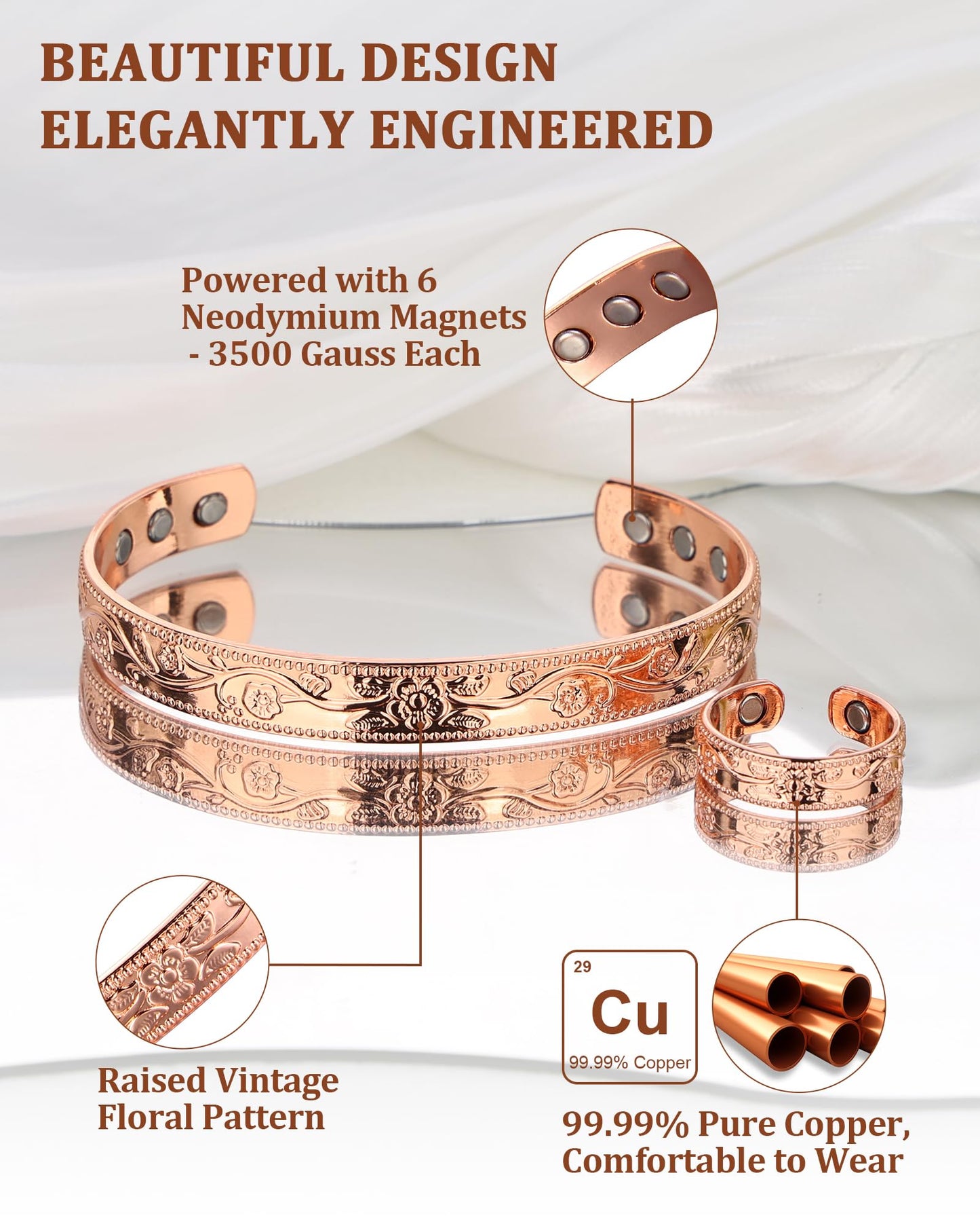 BioMag Women's Lymphatic Drainage Ring & Copper Bracelet, 99.99% Pure Copper Magnetic Bracelet & Ring with Built-in 3500 Gauss Magnets, Adjustable Size, Floral Vine Pattern