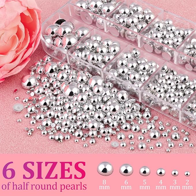 Belleboost Flat Back Pearls Kits, 2 Boxes Flatback Half Round Silver Gold Pearls for Bedazzling with Pickup Pencil and Tweezers for Crafting Home DIY and Professional Nail Art, Face Makeup and Craft