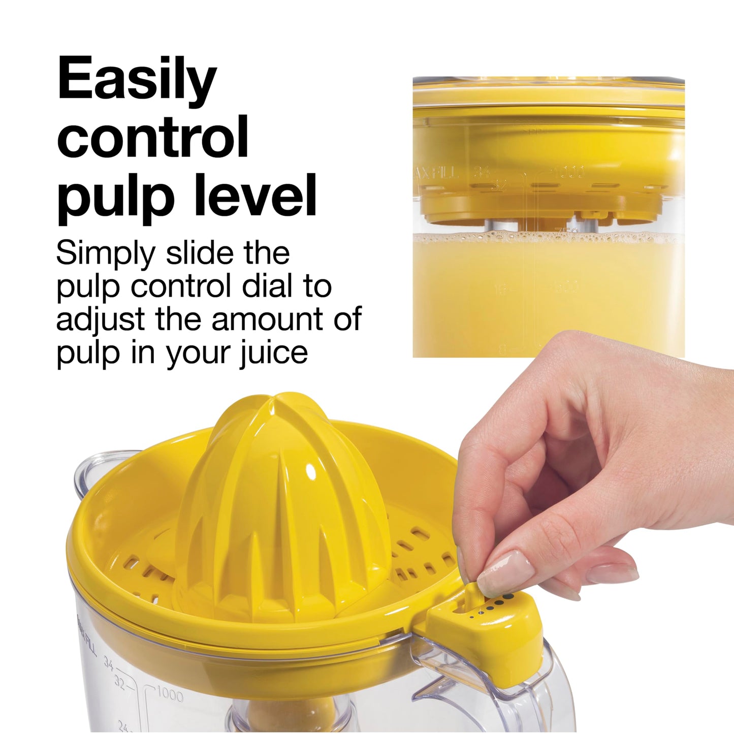 Proctor Silex Alex's Lemonade Stand Electric Citrus Juicer Machine, Large 34 oz. Pitcher, Pressure Activated, for Lemons, Limes and Oranges, 34 oz, Includes 2 Reamers & Recipe Book, Yellow (66341)