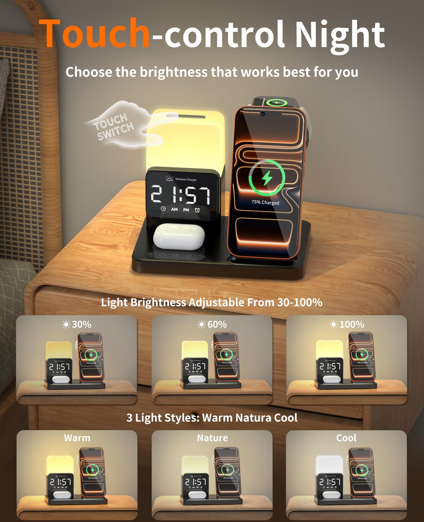 6-in-1 Wireless Charging Station, Charger Stand for Apple Multiple Devices, for iPhone 17 16 15 14 13 12 Pro Max Watch Airpods, Wireless Charger iPhone Charging Station with Night Light/Alarm Clock