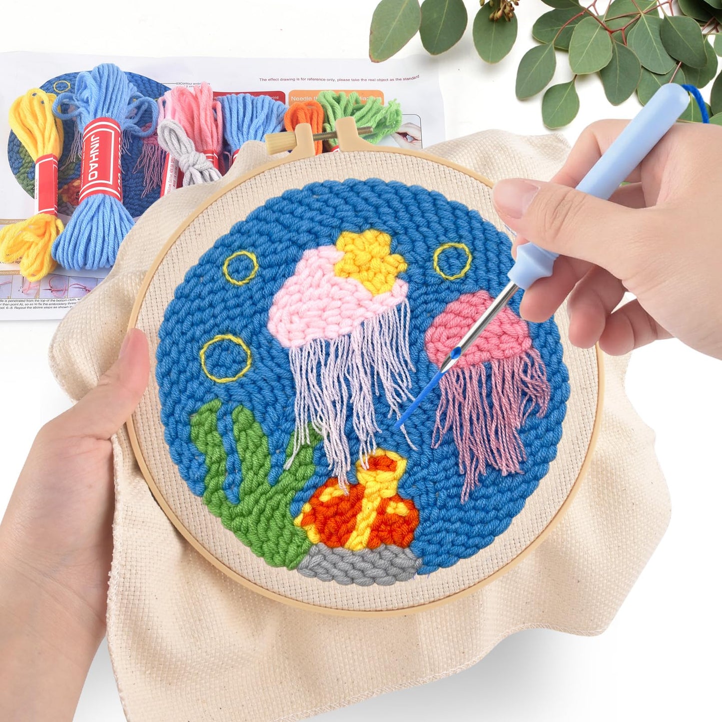 ERKOON Punch Needle Kit Adults Beginners, DIY Easy Ocean Embroidery Set for Starter Art Craft, Needling Punch Project with Patterns, Tools, Yarns, Hoop, Instruction (Jellyfish)