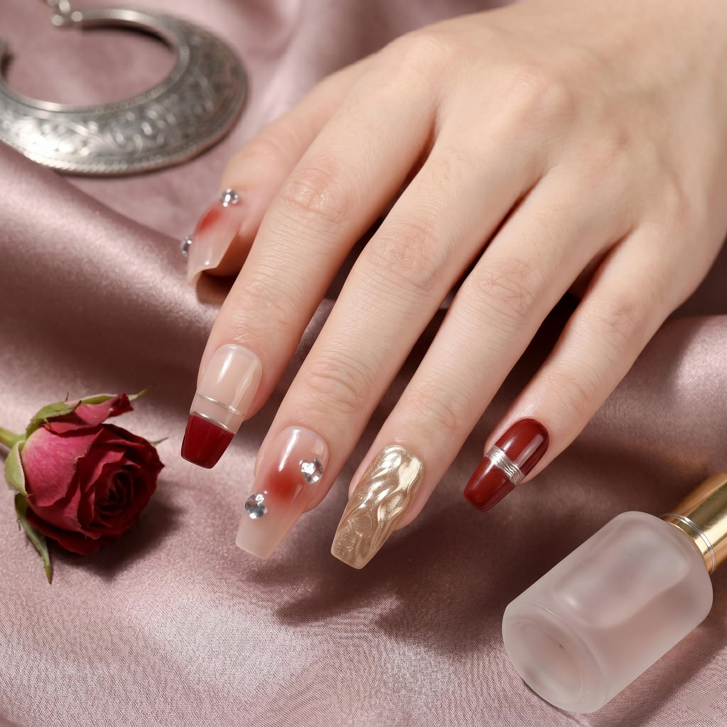 Sun&Beam Nails Handmade Press-on Medium Long Coffin Ballerina Red Nude Gold Gradation Design False Nail Tips 10 Pcs (#043 S)